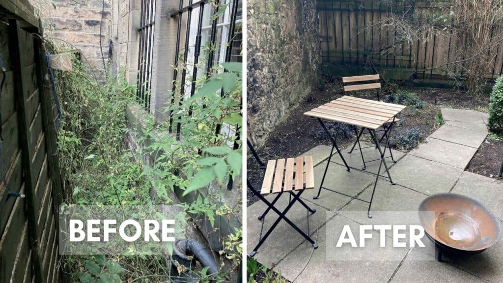 A before and after photo of a spring yard clean up.