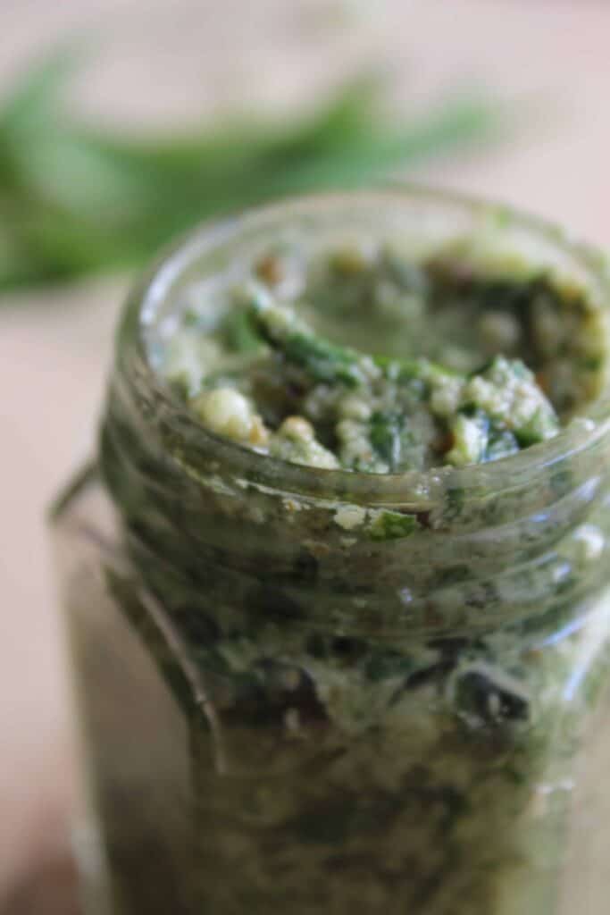 A jar of vegan wild garlic pesto