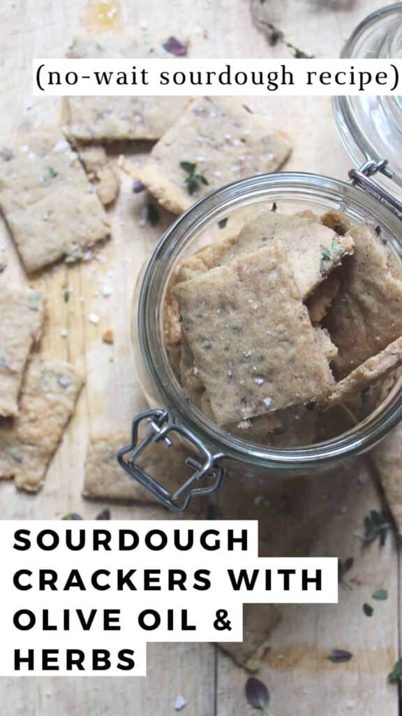 An overhead shot of homemade sourdough crackers in a glass mason jar. There is thyme leaves and sea salt sprinkled over top. The text says sourdough crackers with olive oil and herbs no wait sourdough recipe.