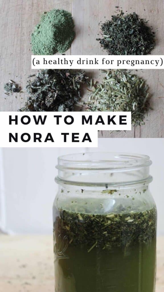 Alfalfa powder, dried nettles, dried red raspberry leaf, and oat straw on a wooden cutting board. These are the ingredients to make nora tea. A glass mason jar with brewing nora tea.