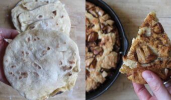 An overhead shot of homemade sourdough discard naan and a hand holding a slice of sourdough discard apple cake. There is a cast iron skillet in the background.