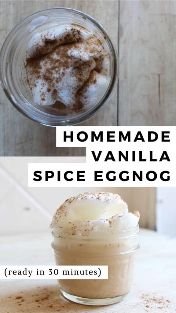 An overhead shot of a vanilla spice eggnog in a glass jar on a light countertop. A shot of vanilla spice eggnog on a light countertop with egg whites and cinnamon sprinkled on top.