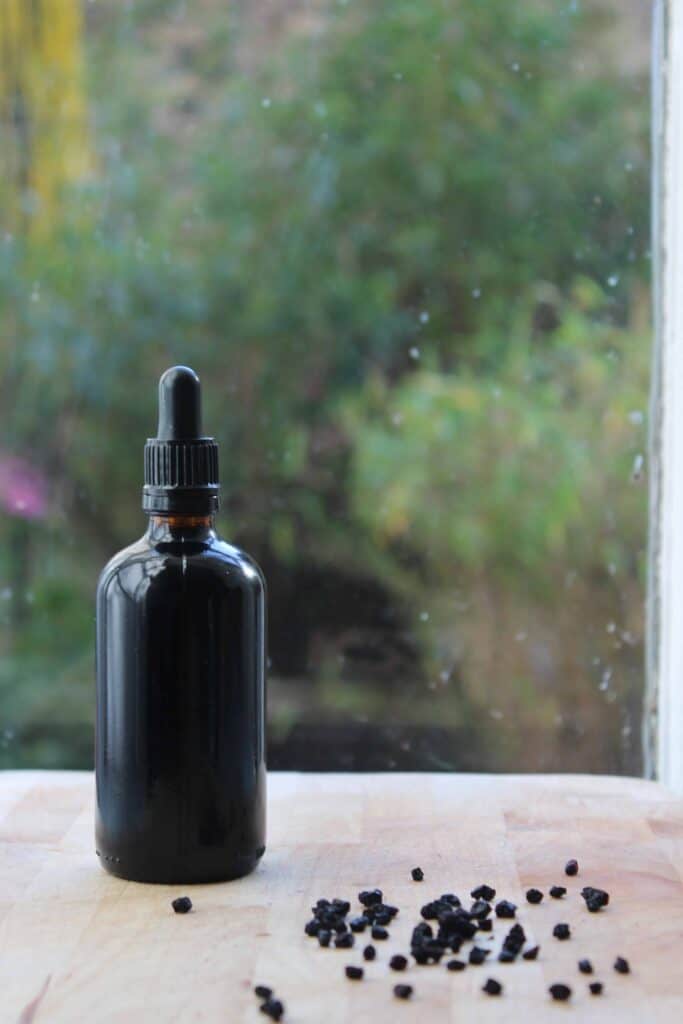 Elderberry tincture in an amber bottle on a light countertop in front of a window.