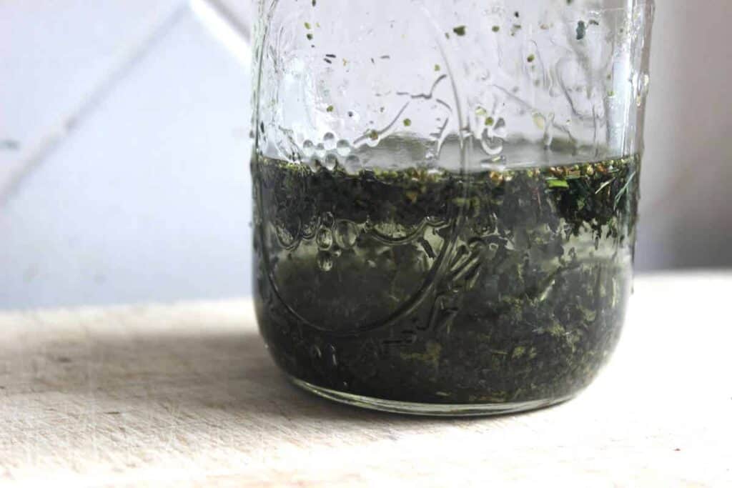 A close up shot of dried nettle tincture in clear alcohol in a glass jar in front of a white wall.