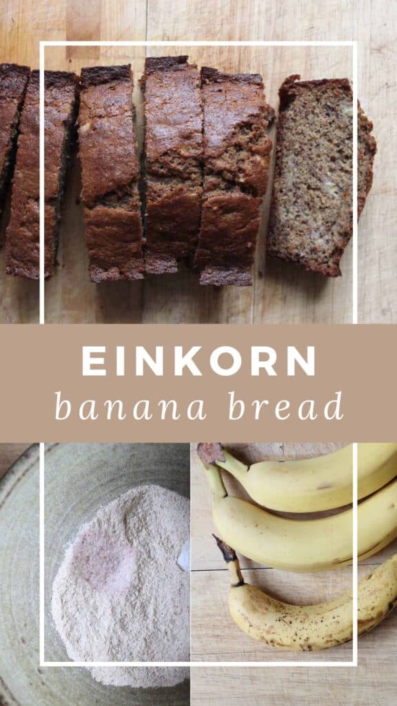 An overhead shot of a sliced loaf of einkorn banana bread on a light countertop.