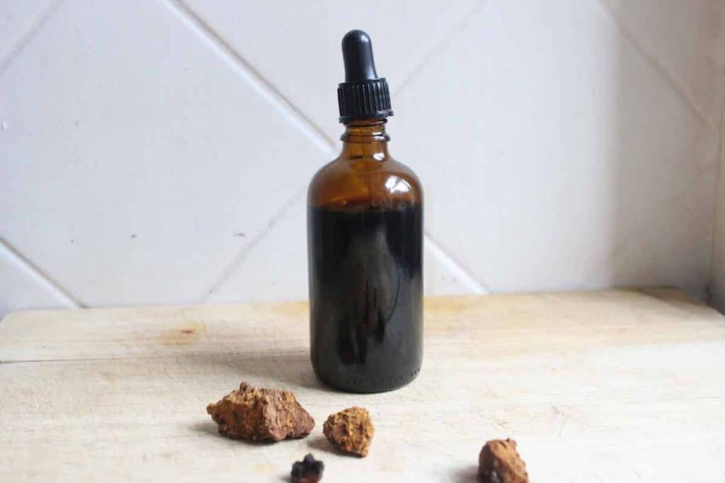 An amber glass bottle with a dropper on a light countertop with dried chaga mushroom in front of it.