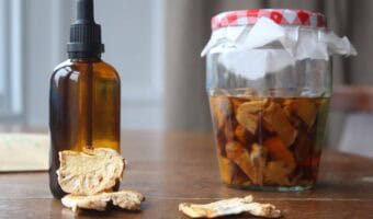 An amber glass dropper bottle with lion's mane tincture inside. There's a glass jar with lion's mane steeping in alcohol beside the tincture bottle. There are white chunks of lion's mane in front of the dropper bottle.