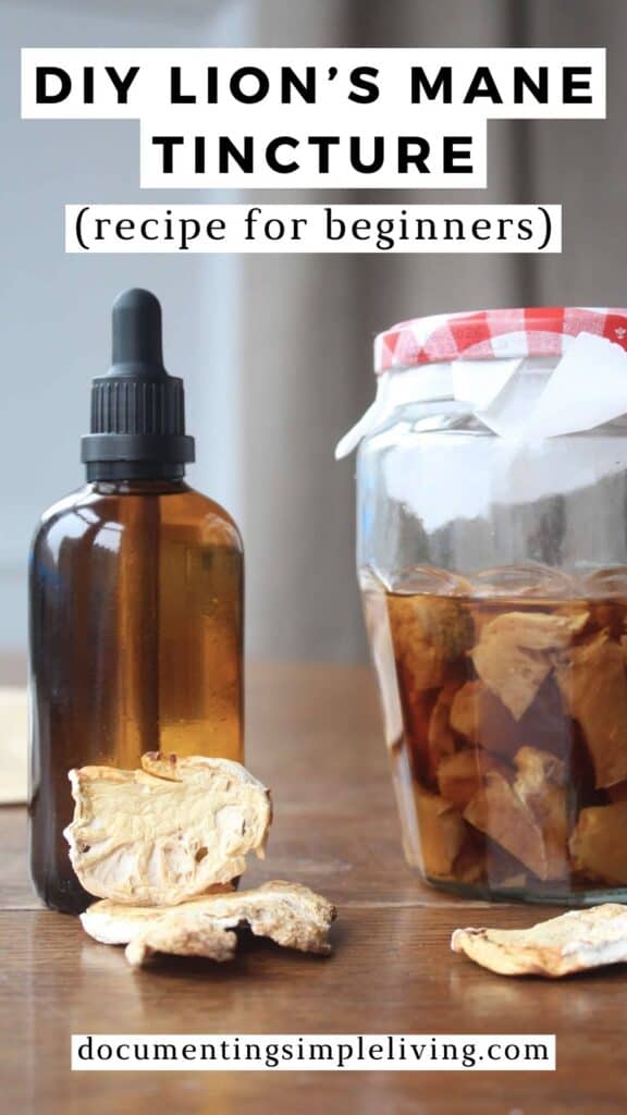 An amber glass dropper bottle with lion's mane tincture inside. There's a glass jar with lion's mane steeping in alcohol beside the tincture bottle. There are white chunks of lion's mane in front of the dropper bottle.