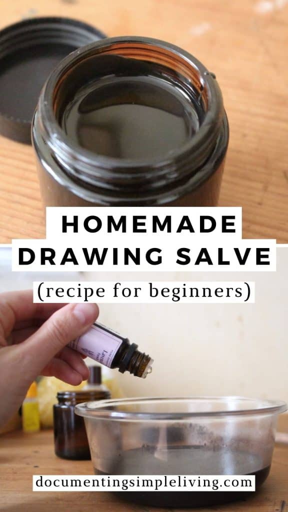 A close up of a black drawing salve that is hardening in a small jar. A hand adding lavender essential oil from a small bottle into a black drawing salve mixture.