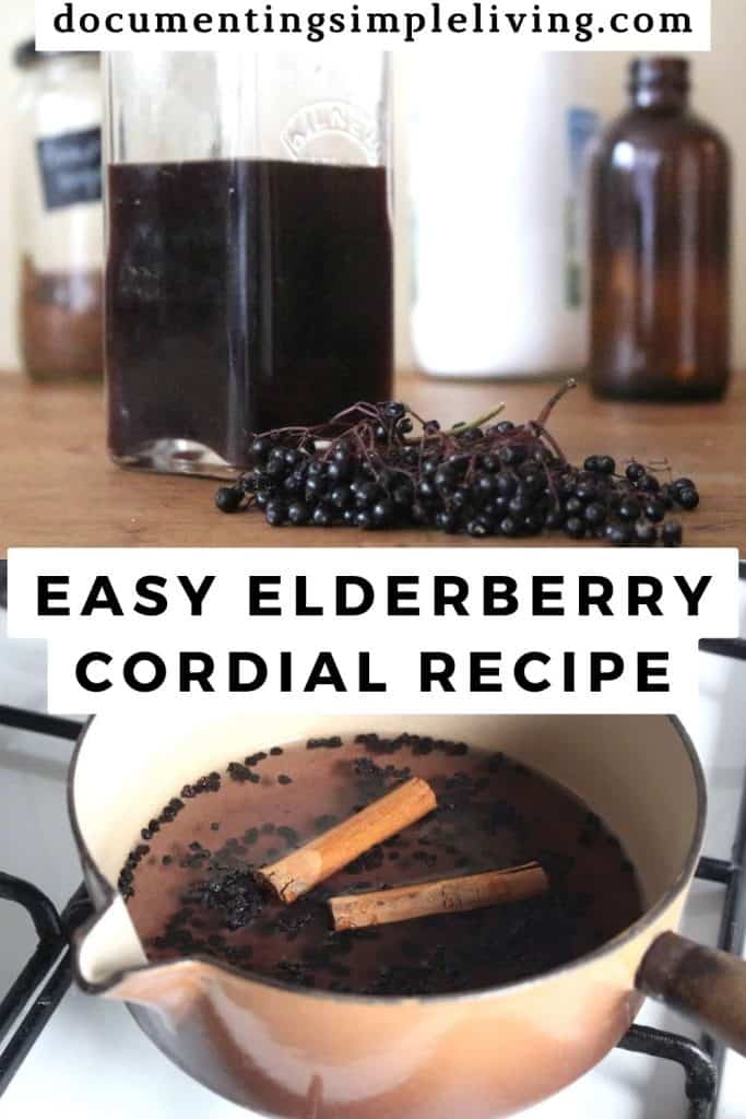 A glass swing top bottle with elderberry cordial inside. There's a small amber glass bottle in the background, next to a large white bottle and a glass jar with brown sugar. There are fresh elderberries in front of the cordial. A saucepan with elderberries, cinnamon stick, and water inside.