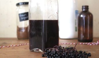 A glass swing top bottle with elderberry cordial inside. There's a small amber glass bottle in the background, next to a large white bottle and a glass jar with brown sugar. There are fresh elderberries in front of the cordial.