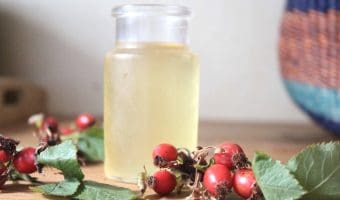 A small jar with rosehip syrup inside with rosehips in front of the jar.