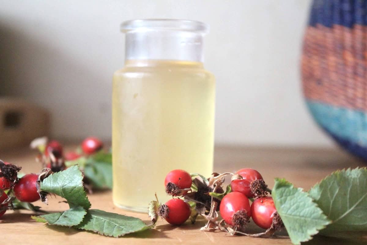 A small jar with rosehip syrup inside with rosehips in front of the jar.